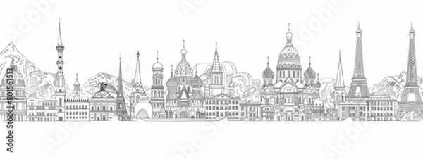 Fototapeta Line art illustrations of traditional architecture and landmarks from different countries.