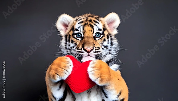 Fototapeta Tiger cub playfully biting a red heart, cute symbol of wild love	