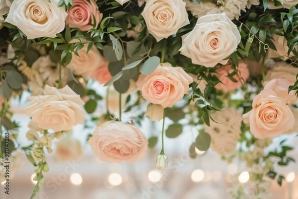 Fototapeta Elegant Wedding Venue with Roses Suspended from the Ceiling, Romantic Atmosphere