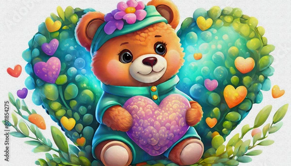 Fototapeta oil painting style CARTOON CHARACTER CUTE baby teddy bear holding a heart shape isolated on white background, 