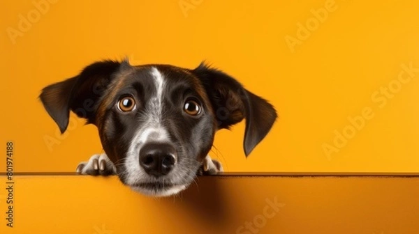 Fototapeta Small brown and black dog peeking over wall