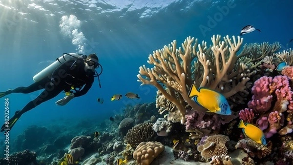 Fototapeta Scuba diver swimming over colorful tropical coral reef with fishes and corals