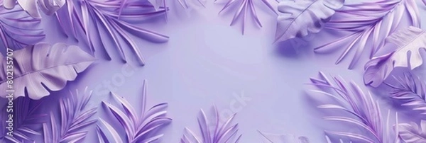 Fototapeta Soft lilac tones dominate this image, with tropical leaves providing a delicate frame around a generous copy space, ideal for soothing designs or gentle branding purposes.