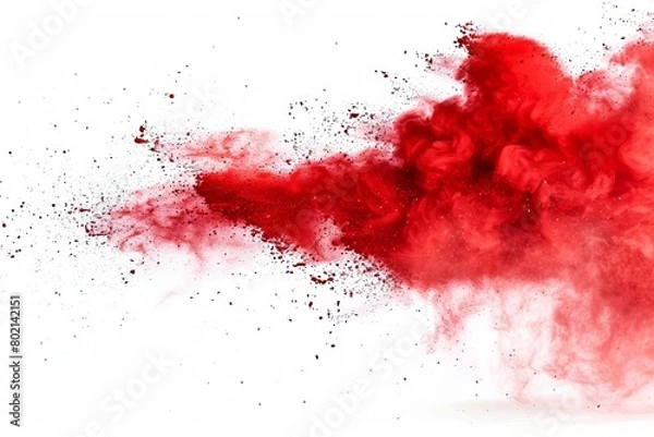 Fototapeta Burst of red chalk particles and dust, showcased against a pure white backdrop