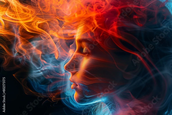 Fototapeta A woman's face is shown in a blurry, colorful smoke