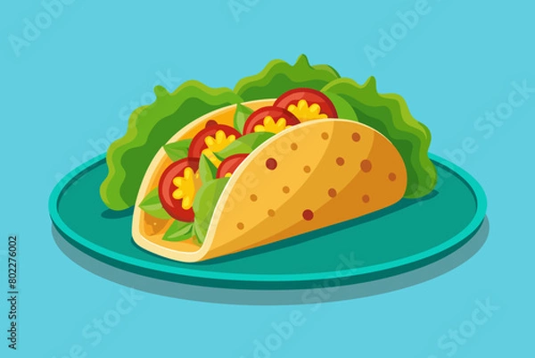 Fototapeta Una ilustración vectorial mínima de un plato con un único taco de aspecto delicioso repleto de ingredientes coloridos como carne molida sazonada, lechuga, tomate, queso y aguacate.