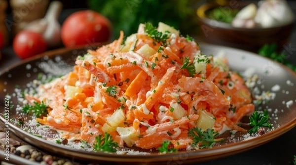 Fototapeta Dishes of Belarusian cuisine. Carrot salad with garlic and sausage and mayonnaise.