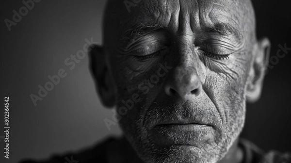 Fototapeta The facial expression of a man who entered in resting state, highlighting concentration or inner peace. Meditation concept