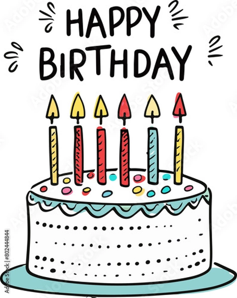 Fototapeta This vector illustration of a vibrant, multi-layer birthday cake adorned with lit candles and festive lettering is perfect for birthday cards, party decorations, or digital greetings.