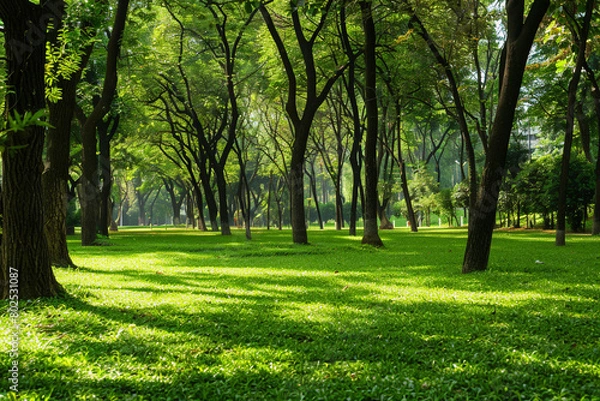 Fototapeta A peaceful park with green lawns and tall trees providing shade.