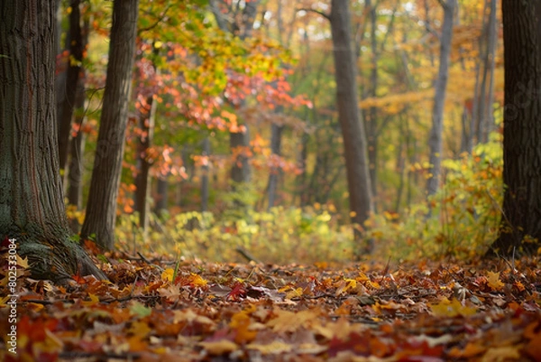 Fototapeta A peaceful forest glade adorned with vibrant autumn leaves.