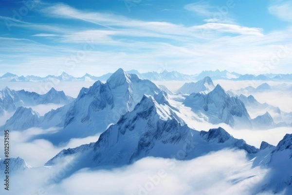 Fototapeta Majestic snow-capped mountain peaks in the clouds