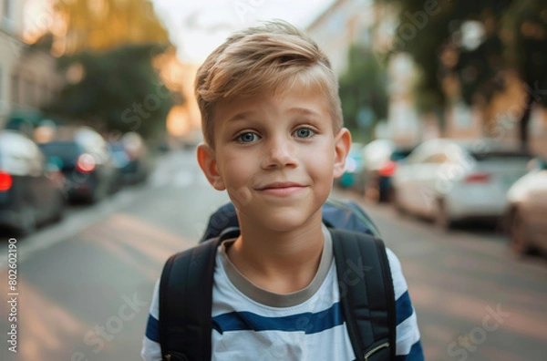 Fototapeta School, children and portrait with boy learner outdoor on street for education or learning. Backpack, face and student with happy young kid as pupil at academy for child development or scholarship