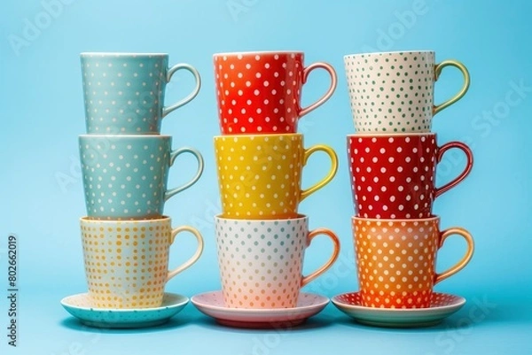 Fototapeta Composition of bright colorful ceramic mugs stacked on round shaped saucer against blue background - generative ai