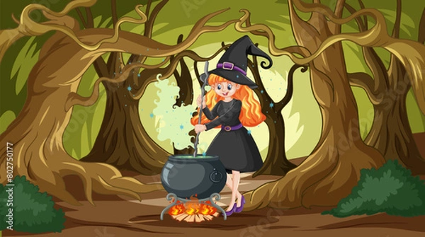 Fototapeta Cartoon witch with cauldron in a mystical forest.