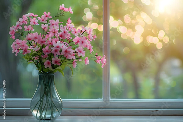 Fototapeta Springtime still life with a colorful bouquet of flowers in a vase on a blurred window background.