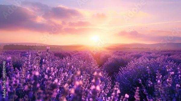 Fototapeta Sunrise over purple paradise: Lavender fields come to life under the first light of dawn, a peaceful scene of summer awakening.