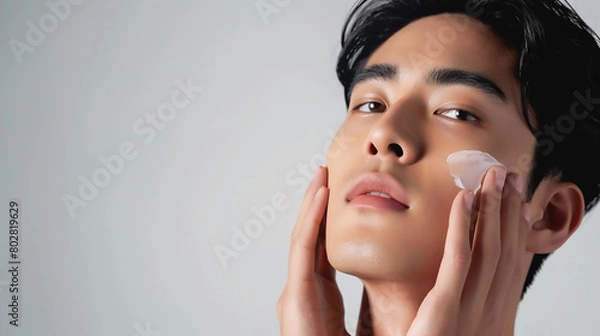 Fototapeta Young Asian man touching his face in the style of Korean style. The closeup shooting depicts skin care and beauty in high detail on a white background with copy space, minimally edited