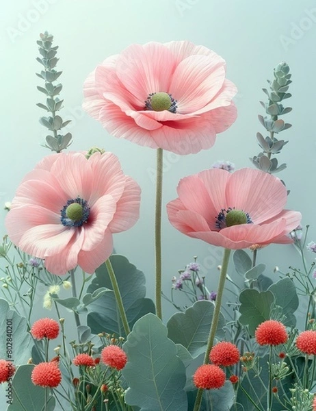 Fototapeta Striking Pink Poppies with Lush Green Foliage