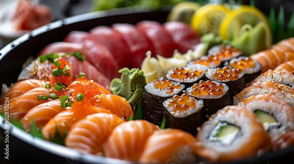 Fototapeta Sushi set on a black plate, close-up, horizontal. AI.