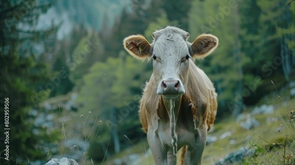 Fototapeta Brown and white cow standing on top of a grass covered hillside. Suitable for agricultural and rural concepts