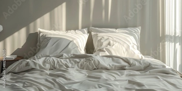 Fototapeta A bed with white sheets and pillows. Ideal for interior design projects