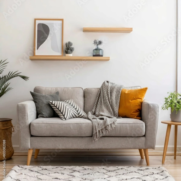 Fototapeta Canvas mockup in minimalist interior background with armchair and rustic decor.Front view. 3d rendering
