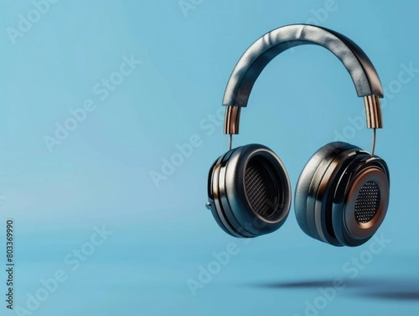 Obraz Headphones on blue background, concept of music, podcast.