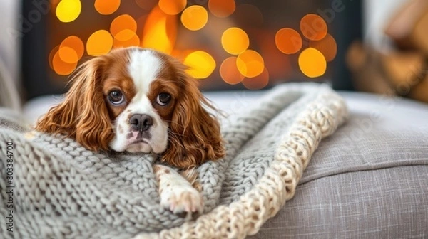 Fototapeta Brown and White Dog Laying on Blanket