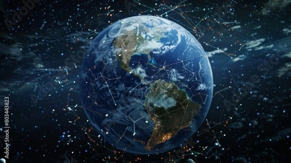 Obraz A globe surrounded by orbiting satellites, enabling borderless communication and instant connectivity across the world.