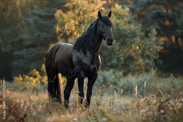 Fototapeta An image showcasing a powerful black stallion standing majestically in a wild, natural setting, emphasizing its strength and freedom - Generative AI