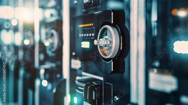 Fototapeta Close-up of an energy meter in a data center, detailed usage reading and efficiency data 