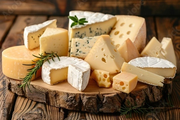 Fototapeta Assortment of cheese on wooden table, closeup. Dairy products. Cheese Selection. Large assortment of international cheese specialities.