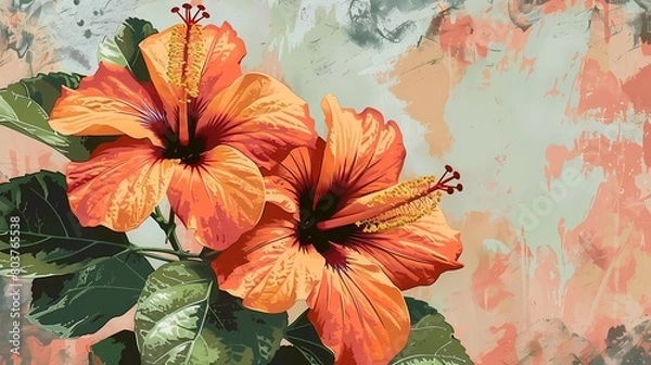 Fototapeta orange hibiscus flowers illustration poster background