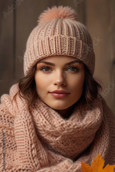 Obraz Transport yourself to a realm of rustic charm as you admire the knitted scarf, wool hat, and fall leaves adorning a fuzzy peach-colored wooden backdrop, capturing the essence of autumn beauty.