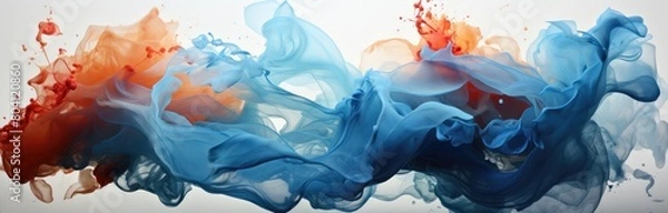 Fototapeta Explosions of tangerine and blue liquid paint in water.