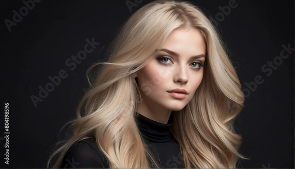 Fototapeta beautiful blonde female fashion model with flowing long hair close-up portrait posing on plain black background from Generative AI