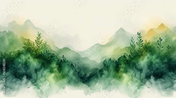 Fototapeta Green Watercolor Texture Background - AI Generated Verdure Landscape