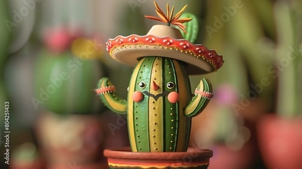 Fototapeta A Whimsical Cactus Figurine Wearing a Sombrero Amidst a Garden of Succulents