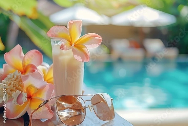 Fototapeta pina colada cocktail with frangipani flowers and sunglasses by the pool on sunny day with copy space. Vacation and relax, summer travel.