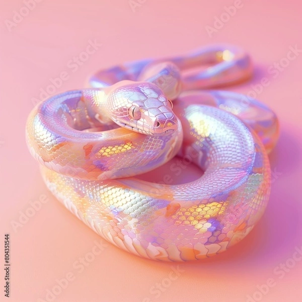 Fototapeta Futuristic holographic snake abstract graphic design concept. Chrome snake for in style holographic liquid. Glossy pastel iridescent on pink background.