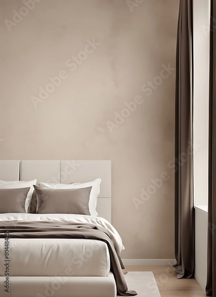 Fototapeta  Minimalist interior design of modern bedroom with beige stucco wall. 