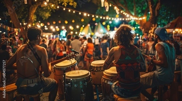 Fototapeta A group of individuals actively engaged in drumming, creating rhythmic beats and melodies together.