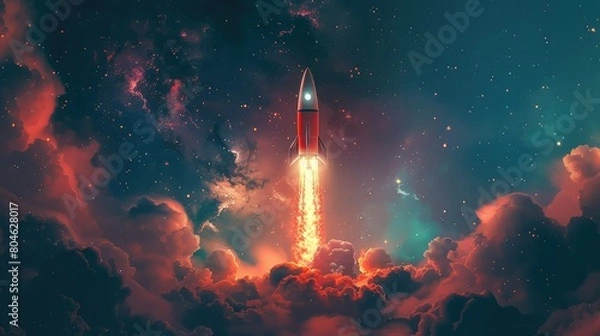 Obraz Cartoon style of red rocket taking off to the galaxy.