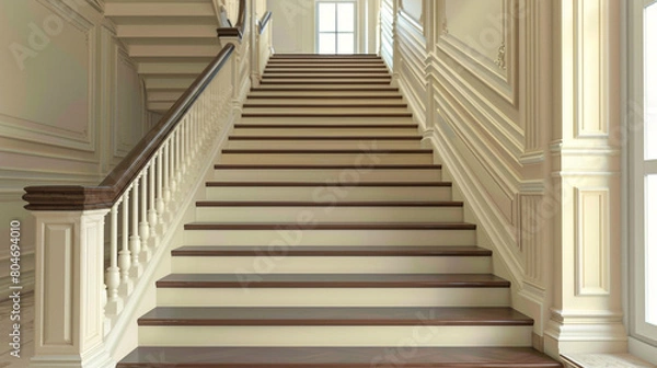 Fototapeta Classic ivory stairs with a wooden handrail, full front view showing all steps.