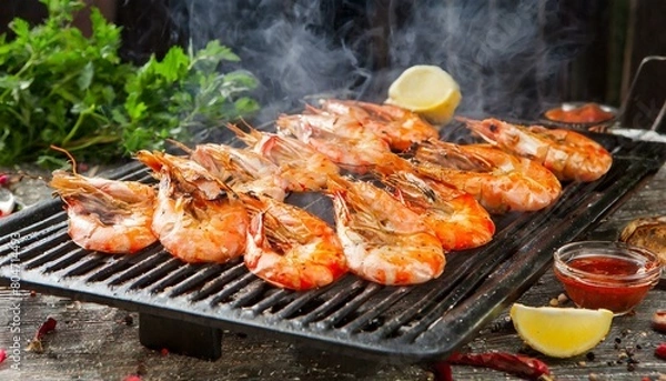 Fototapeta Shrimp fried on grill 