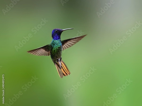 Fototapeta Golden-tailed Sapphire Hummingbird  in flight on green background