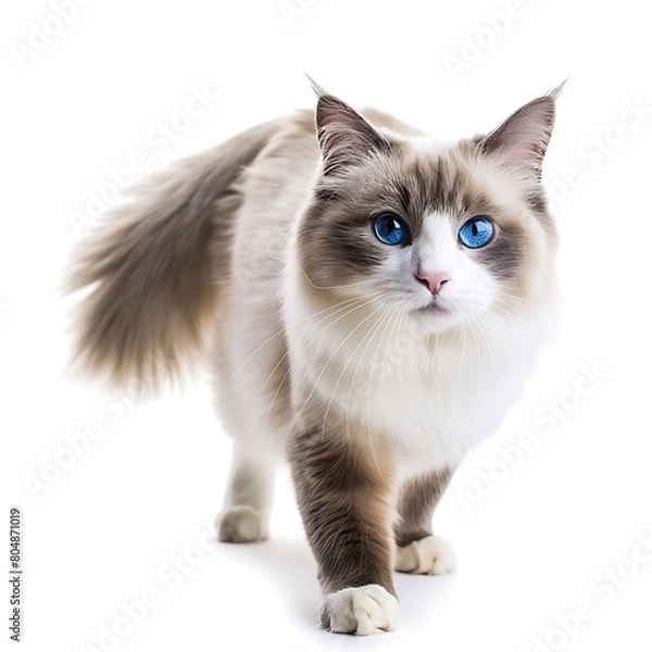 Fototapeta Beautiful adult mink Ragdoll cat, standing facing camera. Looking straight in lense with mesmerising aqua greenish eyes. One paw playful lifted. Isolated on a white background. Generative Ai