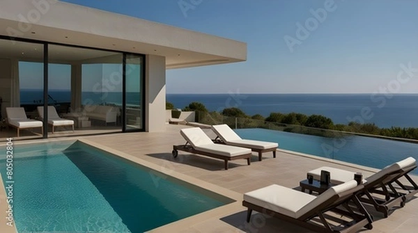 Fototapeta Contemporary holiday villa with sea view pool.generative.ai