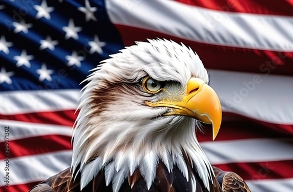 Fototapeta Memorial Day or July 4th. The celebration of Independence Day. A white eagle on the background of the American flag. USA